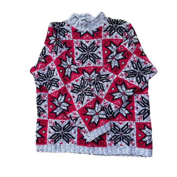 Vtg Nordic Sweater Snowflake Check Plaid Gray Red Black Cotton Winter Size L - Picture 2 of 7